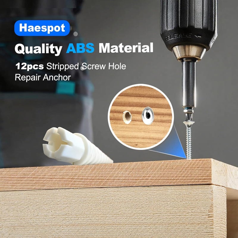 Haespot White 12PCS Stripped Screw Hole Repair Anchor, Door Hinge Screw Hole Filler, Multi Use Wall Anchors, Fits Wood Screws Sizes #2 to #16 - Image 4